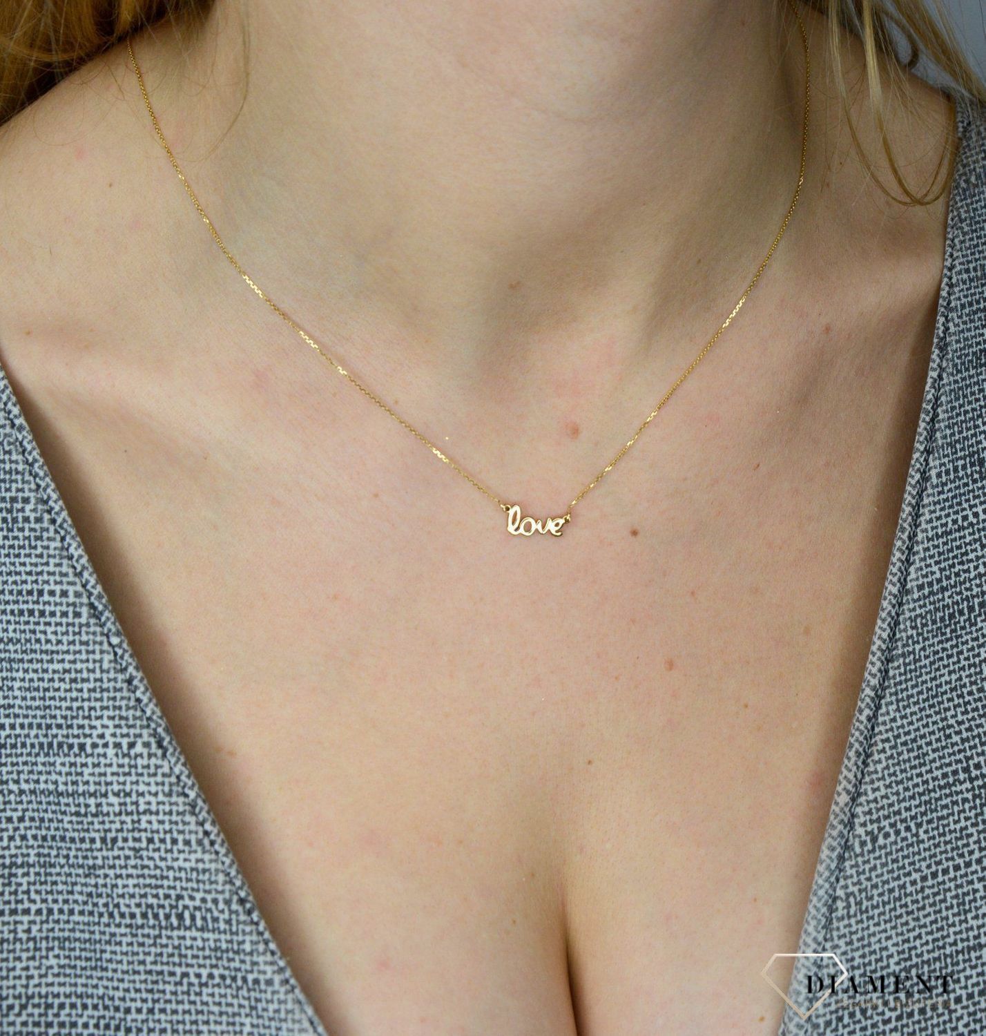 Złoty naszyjnik damski 'Napis love' celebrytka złoto 585 Au.jpg